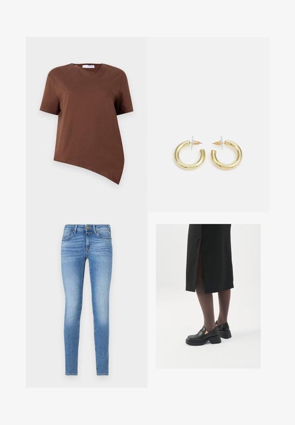 Bēšas īsām piedurknēm T-kreklā izgatavots no mīksta kokvilnas, ar asimetrisku apakšmali un nedaudz V veida kakla dizainu. Gluda tekstūra bez redzamām rakstu zīmēm.; Jūras spēku krāsas kordūras krekls ar pogu aizdari, apkakli un trīs ceturtdaļu piedurknēm. Ar pepluma stila sapulcinātu apakškalu un maigu tekstūru.; Šauri gaismis zili džinsi ar vidēju jostas augstumu, priekšējo pogu un piecu kabatu dizainu.; Melni ādas apavi ar noapaļotu purngalu, biezām bloku papēžiem un elastīgiem sānu akcentiem, apvienoti ar tumšām zeķubiksēm un melnu svārku ar šķirbu.; Zelta auskari ar gludu, spīdīgu apdari. Apaļš dizains, kas ietver mazu tapu un caurspīdīgu pamatni drošai valkāšanai.