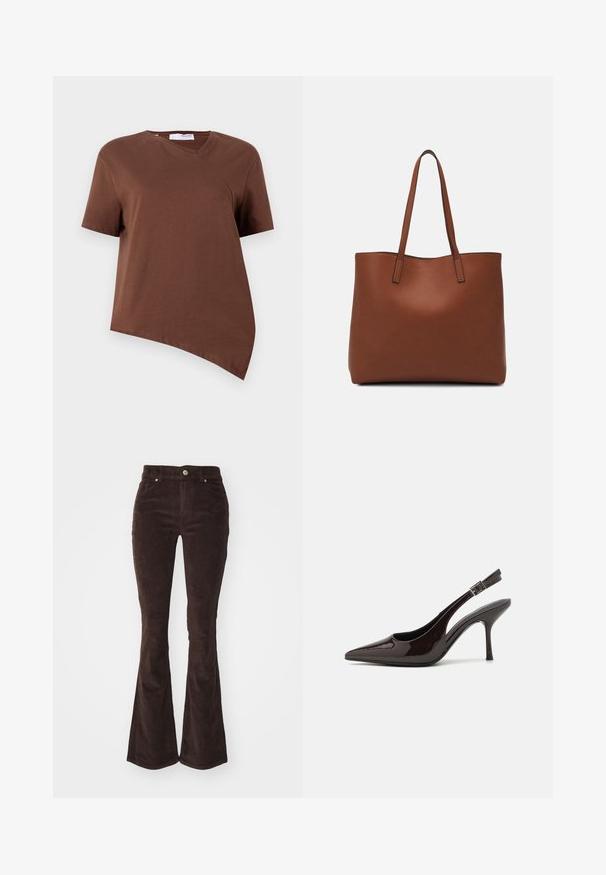 Brown short-sleeve T-shirt made of soft cotton, featuring an asymmetrical hemline and a slight V-neck design. Smooth texture with no visible patterns.; Vero Moda VMFLASH FLARED PANTS - Trousers - chocolate torte; Slingback high-heeled shoe in glossy dark brown patent leather, pointed toe, open sides, and adjustable ankle strap.; Brown leather tote bag with a smooth texture, open top design, and two shoulder straps. Features minimal stitching and no visible hardware.
