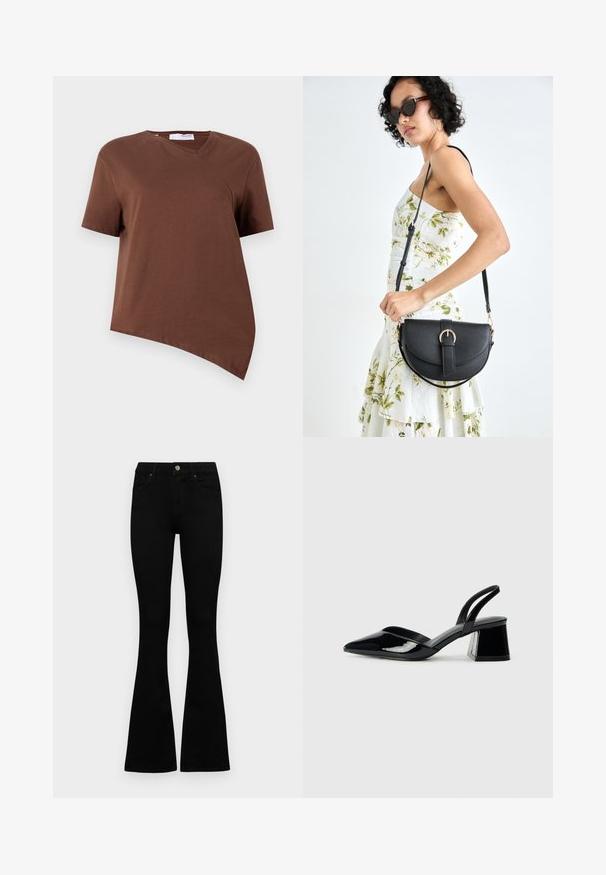 Pruun lühikeste varrukatega T-särk, mis on valmistatud pehmest puuvillast, omades asümmeetrilist ääret ja kerget V-kaelust. Sile tekstuur, ilma nähtavate mustriteta.; Mustad kõrge vöökohtadega teksad, millel on nööp ja lukuga sulgemine, esikäe taskud ja laienevad sääred, asetatud tasasele valgele taustale.; Mustad musta lakknahk kingad, millel on terav varvas ja geomeetriline plokkkonts. Omab elegantselt minimalistlikku disaini ja sujuvat tekstuuri.; Mustmust mustraha kõverate joontega, eemaldatava rihmaga ja kuldsete detailidega. Kotil on klapp, millel on pandladetail.