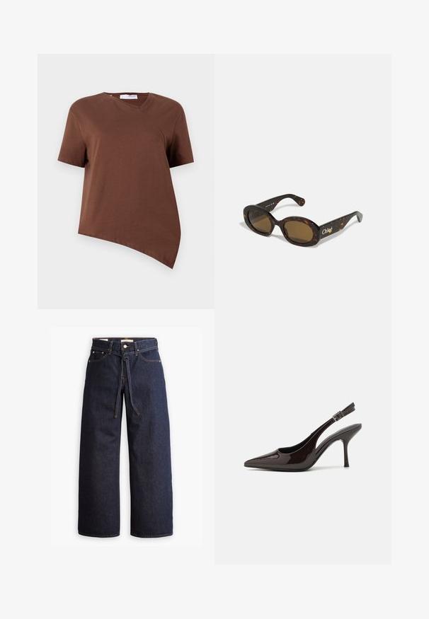 Brown short-sleeve T-shirt made of soft cotton, featuring an asymmetrical hemline and a slight V-neck design. Smooth texture with no visible patterns.; Wide-leg dark blue denim jeans with a high waist, featuring a drawstring tie, five pockets, and contrasting stitching details.; Slingback high-heeled shoe in glossy dark brown patent leather, pointed toe, open sides, and adjustable ankle strap.; Tortoiseshell sunglasses with oval frames, brown tinted lenses, and "Chloé" branding on the arm. Smooth plastic material with glossy finish.
