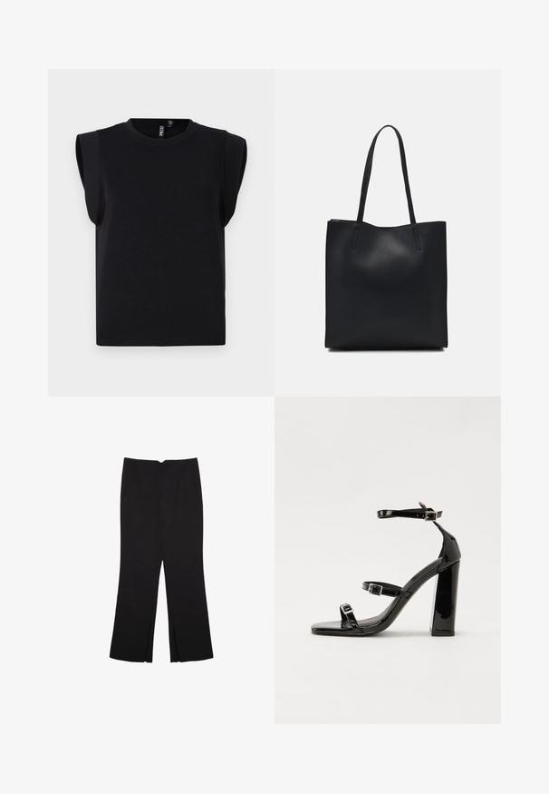 Černé zkrácené tričko vyrobené z bavlny, s širokými ramenními akcenty, kulatým výstřihem a krátkými rukávy. Hladká textura, minimalistický design.; Černé kalhoty s rovným střihem, s předními kapsami a bočními rozparky na lemu. Vyrobené z jemné, hladké tkaniny. Vhodné na různé příležitosti.; Černé lakované sandály na podpatku se čtveratou špičkou, lýtkovými pásky a stříbrnými přezkami. Disponují masivním blokovým podpatkem pro stabilitu.; Černá kožená taška přes rameno s hladkým povrchem, obdélníkovým tvarem a dvěma dlouhými uchy. Žádné viditelné kování ani ozdoby.
