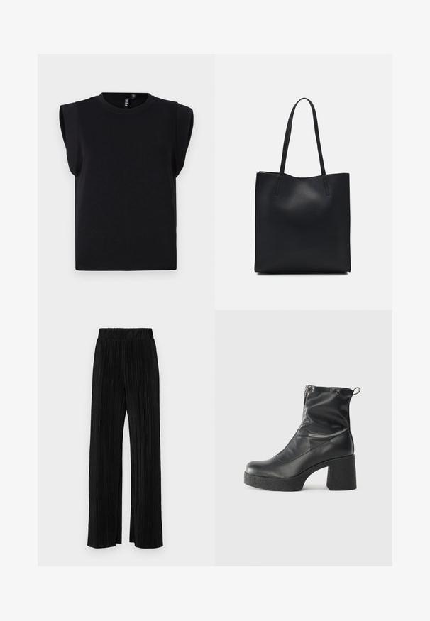 Fekete, rövid fazonú pamut póló, széles vállrész részletekkel, kerek nyakkivágással és rövid ujjakkal. Simább textúra, minimalista dizájn.; Fekete pliszírozott nadrág gumis derekkal. Széles lábakkal rendelkezik, sima, texturált anyagból készült, függőleges csíkokkal.; Fekete bokacsizmák sima bőrből, oldalsó cipzárral, vastag, texturált sarkú és lekerekített orrú dizájnnal.; Fekete bőrtáska sima felszínnel, téglalap alakú, két hosszú füllel. Nincs látható fémkiegészítő vagy díszítés.