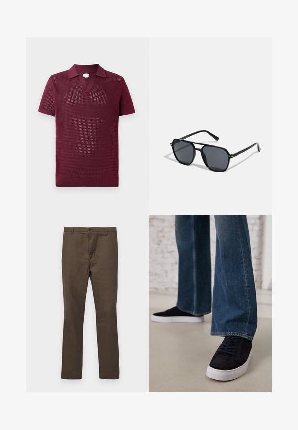 Burgundy lyhythihainen polo-paita, jossa on teksturoitu avonainen kudonta, V-pääntie ja muodollinen kaulus, valmistettu kevyestä neulomateriaalista.; Ruskeat puuvillahousut, joissa on suora lahjesuunnittelu, napin suljenta ja vyölenkit, sileä pinta ilman kuvioita tai koristeita.; Tummansinisiä mokkanahkakengät, joissa on valkoinen kumipohja ja nauhat, yhdistettynä leveälahkeisiin farkkuihin, joiden sävy on keskitumma sininen.; Musta aurinkolasit, joissa on oktaalinen kehys, tummat linssit, kiiltävä pinta, ohuet templesit ja kultaiset yksityiskohdat etupuolella.