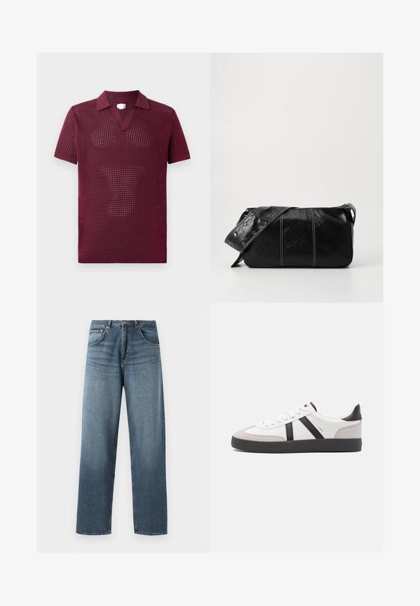 Bordeaux kortgerimpeld polo-shirt met een open geweven structuur, voorzien van een V-hals en een gestructureerde kraag, gemaakt van lichtgewicht breimateriaal.; Rechtaankomende blauwe spijkerbroek met een vervaagde was, voorzien van een vijfzakkenontwerp, metalen knoop en riemlussen. Gestructureerde, middelzware stof.; Witte sneaker met zwarte en grijze accenten, voorzien van een grijze neus met textuur, zwarte rubberen zool en platte witte veters. Schoon ontwerp, minimalistische stijl.; Zwarte leren schoudertas met een ritsluiting, voorzien van een gestructureerd lichaam, witte stiksels en een band met zilveren oogjes.