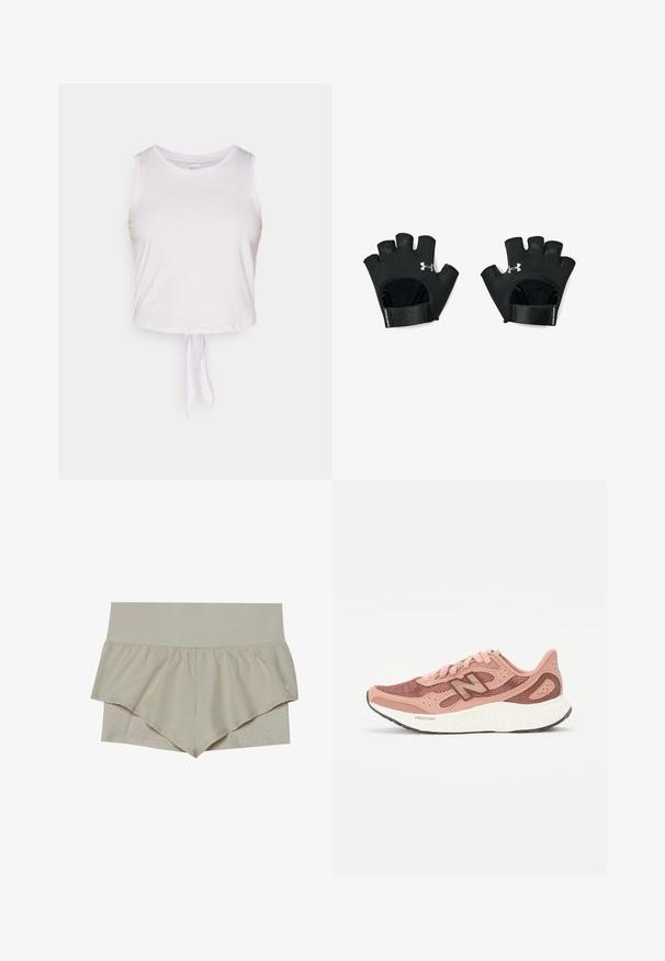 Weißes, kurzes Tanktop aus weichem Stoff, mit Rundhalsausschnitt und einem Knoten-Detail am Saum für eine taillierte Optik.; Beige Sportshorts mit einem schwingenden Rüschendesign, das eine strukturiert Unterlage mit Perforationen bietet. Dehnbarem Taillenbund für Komfort.; Rosa Laufschuhe mit einem Netz-Obermaterial, das ein strukturiertes Design und braune Akzente aufweist. Leichte Sohle mit erheblicher Dämpfung.; Schwarze, fingerlose Trainingshandschuhe mit verstellbarem Handgelenkband. Mit strukturiertem Griff und hervorgehobenem Logo auf der Rückseite. Strapazierfähiges Material.