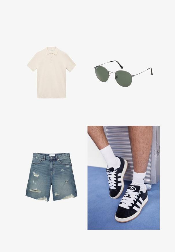 Koszulka polo w kolorze ecru, z krótkim rękawem, wykonana z miękkiej tkaniny. Posiada klasyczny kołnierzyk oraz zapięcie na trzy guziki, o gładkiej fakturze.; Jeansowe szorty w jasnoniebieskim kolorze z postrzępionymi łatami. Posiadają standardowy pas, długość do kolan oraz postrzępione krawędzie.; Czarne zamszowe sneakersy z białymi sznurówkami i trzema białymi paskami. Posiadają okrągłe czarne logo na języku i gumową podeszwę.; Okulary przeciwsłoneczne z metalową ramą i owalnymi zielonymi soczewkami. Cienka srebrna metalowa rama i czarne końcówki zauszników. Minimalistyczny design, bez widocznych logo.