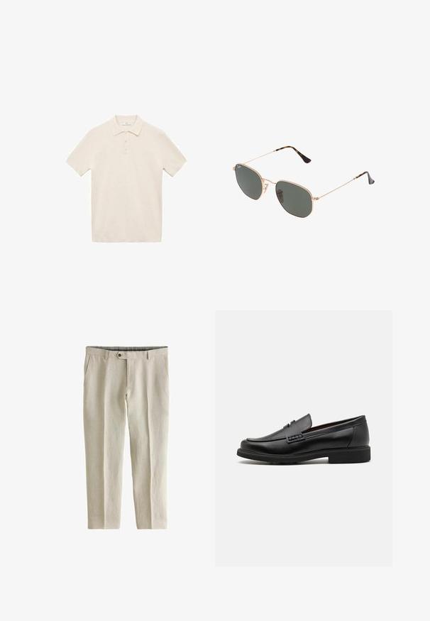 Polo tričko v off-white barvě, krátké rukávy, vyrobeno z měkké tkaniny. Obsahuje klasický límeček a knoflíkovou légu se třemi knoflíky, s hladkou strukturou.; Next SIGNATURE - REGULAR FIT - Kalhoty - neutral; Černé syntetické mokasíny s výrazně prošívanou špicí, měkkou stélkou a plochou gumovou podrážkou; elegantní design s minimálním zdobením.; Sluneční brýle s kovovým zlatým rámem a tmavě zelenými skly, styl aviatorek, s úzkými obroučkami a želvovinovými akcenty na špičkách.