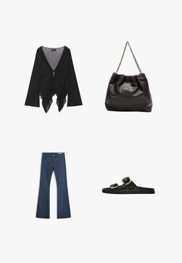Czarna przezroczysta bluzka z długimi dzwonowymi rękawami, głębokim dekoltem w serek i detalem z przodu w postaci związania. Posiada luźny, warstwowy dół z subtelną fakturą.; Ciemnoniebieskie dżinsy typu dzwony z przeszytymi kieszeniami, zapięciem na guzik i gładką fakturą. Posiadają klasyczny pięciokieszeniowy fason.; Czarne klapki z dwoma złotymi klamrami, gładki materiał, płaska podeszwa i minimalistyczny design.; Brązowa skórzana torba z marszczonym szczytem i łańcuszkowym paskiem. Gładka tekstura z błyszczącym wykończeniem i subtelnymi detalami szwów po bokach.