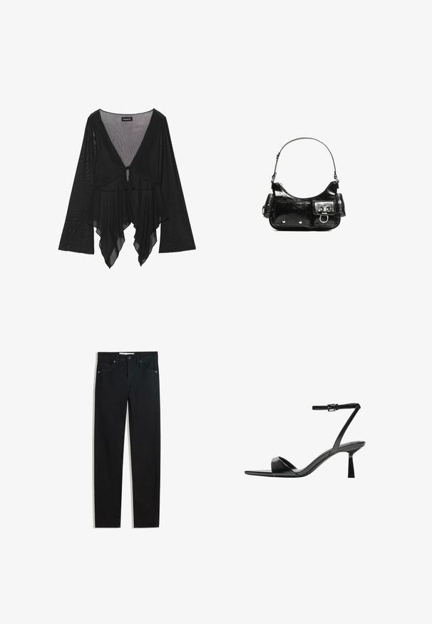 Sort gennemsigtig bluse med lange klokkeærmer, dyb V-hals og frontbinding. Har en flydende, lagdelt sømkant med subtil tekstur.; Sorte denimbukser med lige ben, fem lommer, metalknaplukning og diskrete syningsdetaljer. Glat tekstur.; Bershka Højhælede sandaletter / Højhælede sandaler - black; Sort patenteret læder håndtaske med en buet form, en skulderrem, frontlommer og hardware accenter i sølvfarve.