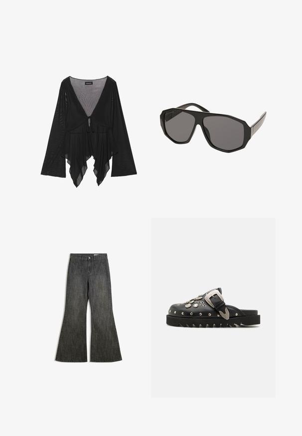 Zwarte transparante blouse met lange klokmouwen, diepe V-hals en voorste strikdetails. Heeft een vloeiende, gelaagde zoom met subtiele textuur.; Zwarte flare jeans met een hoge taille, voorzien van twee voorkruisjes en twee achterzakken, gemaakt van een gestructureerde denimstof.; Zwarte leren klompen met metalen ornamenten, waaronder studs en een decoratieve gesp, met een dikke, gekartelde zool.; Zwarte oversized zonnebril met een achtkantig frame, grijs getinte glazen en gladde plastic pootjes. Metalen accenten nabij de scharnieren.; Zwarte leren handtas met een gestructureerd oppervlak en zilveren studs langs de bovenrand en handvatten, voorzien van een kort handvat en een afneembare schouderband.