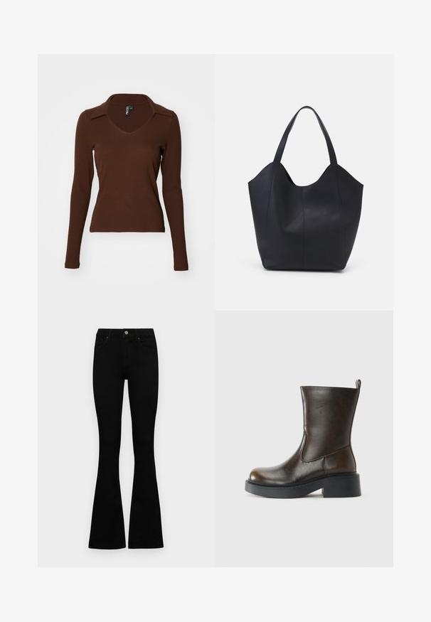 Brązowa bluzka z długim rękawem o prążkowanej fakturze, z dekoltem w serek i spiczastym kołnierzykiem, zaprojektowana dla dopasowanego sylwetki.; Czarne, wysokie dżinsy z guzikem i zamkiem błyskawicznym, z przednimi kieszeniami i rozszerzanymi nogawkami, leżące płasko na białym tle.; Ciemnobrązowe skórzane botki do kostki z okrągłym czubkiem, grubą czarną podeszwą, niskim obcasem w kształcie bloku oraz pętelką z tyłu.; Czarna torba na ramię wykonana z gładkiej skóry, z zaokrąglonym, otwartym topem i dwoma paskami na ramię oraz minimalistycznym designem.