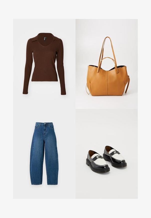 Brūns garo piedurkņu tops ar rievotu tekstūru, ar V-veida kakla izgriezumu un smailo apkakli, izstrādāts pielāgotas silueta veidošanai.; Denim bikses vidējā zilā krāsā ar augstu jostasvietu, platām kājām un standarta piecu kabatu dizainu ar redzamām šuvju detaļām.; Melnbaltie ādas loaferi ar sirdī līdzīgu metāla detaļu augšpusē un biezām melnām zolēm, tie ir parādīti blakus uz baltā fona.; Brūna ādas soma ar teksturētu virsmu, plašu atvērumu un divām garām rokturiem. Piedāvā vienkāršu dizainu un minimālu aparatūru.