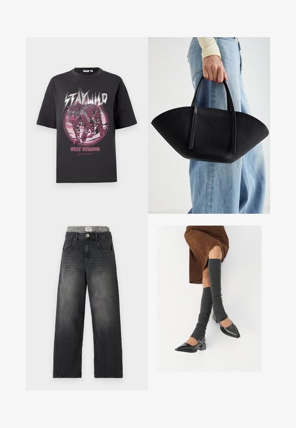 Černé bavlněné tričko s krátkým rukávem. Obsahuje růžovou leopardí grafiku, kulatý design a text: "ZŮSTAŇ DIVOKÝ" a "ZŮSTAŇ SILNÝ navždy."; Černé džíny s širokými nohavicemi a pasem s kostkovaným vzorem. Obsahují přední kapsy a zapínání na knoflík. Ošuntělá textura.; Černé lakované boty s špičatou špičkou, blokovým podpatkem a kotníkovým páskem, spárované s šedými žebrovanými návleky na nohy a hnědskou sukní z semiše.; Černá kožená kabelka s jedinečným tvarováním ve tvaru vějíře, vybavená plochými uchy. Povrch má jemně zrnitou texturu a minimalistický design.