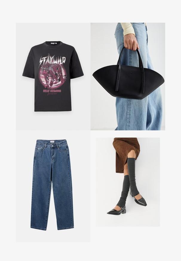 T-shirt de algodão preto com mangas curtas. Apresenta uma gráfica de leopardo rosa, design circular, e texto: "MANTÉM-TE LIVRE" e "MANTÉM-TE FORTE para sempre."; Jeans de denim azul clássicos com um design de perna reta, cinco bolsos e fecho de botão. Apresenta um tratamento médio e uma textura resistente.; Sapatos pretos de pele lacada com biqueira pontuda, salto bloco e tiras no tornozelo, combinados com caneleiras cinzas em malha e uma saia de camurça castanha.; Bolsa de mão em couro preto com uma forma única em leque, apresentando alças planas. A superfície tem uma textura pebble e um design minimalista.