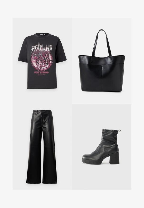 Svart bomull t-skjorte med korte ermer. Har et rosa leopardmotiv, sirkulært design, og teksten: "STAY WILD" og "STAY STRONG forever."; Sorte høy midje vide ben bukser i imitert skinn med knapp foran, glidelås, beltehemper og sidelommer på hvit bakgrunn.; Svarte ankelstøvler laget av glatt lær, med glidelås på siden, chunky strukturert hæl, og rund tå-design.; Svart lær toteveske med to lange håndtak, en glatt tekstur og en strukturert form. Har en frontlomme for ekstra oppbevaring.