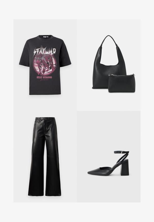 Μαύρο βαμβακερό μπλουζάκι με κοντά μανίκια. Περιέχει ένα ροζ γραφικό λεοπάρδαλης, κυκλικό σχέδιο και κείμενο: "ΜΕΙΝΕ ΑΓΡΙΟΣ" και "ΜΕΙΝΕ ΔΥΝΑΤΟΣ για πάντα."; Μαύρες παντελόνες ψηλής μέσης, φαρδιές, από τεχνικό δέρμα με μπροστινό κουμπί, φερμουάρ, θηλιές ζώνης και πλαϊνές τσέπες σε λευκό φόντο.; Μαύρο δερμάτινο ψηλοτάκουνο παπούτσι με οξύ μυτερό τόξο, λουράκι στον αστράγαλο και χοντρό τακούνι. Λείος υφασματισμός, κομψός σχεδιασμός και μινιμαλιστική αισθητική.; Even&Odd Τσάντα χειρός - black