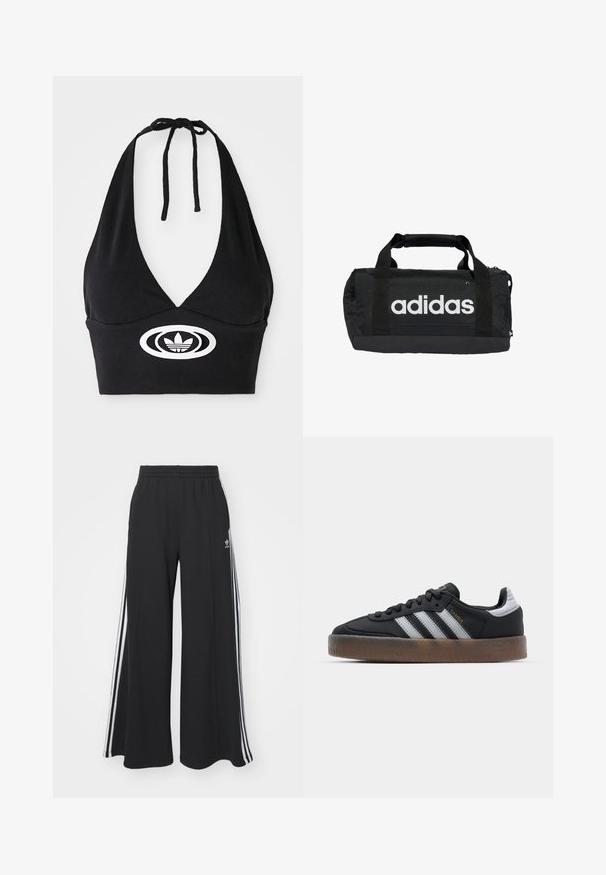 Černý halter top z žebrované látky, s hlubokým V výstřihem a centrálním bílým logem se třemi pruhy. Uvázání za krkem.; Černé pohodlné tepláky širokého střihu s elastickým pasem, na boční straně s bílými pruhy a vyšitým logem na levé stehně.; Černé tenisky s elegantním designem, které mají tři bílé pruhy, černý jazyk a texturovanou hnědou gumovou podrážku. Akcenty zlatého písma.; Černá sportovní taška s bílým logem Adidas, vyrobená z odolné tkaniny. Obsahuje dvě uchy a zipovou příčku. Texturovaný povrch s zesíleným dnem.