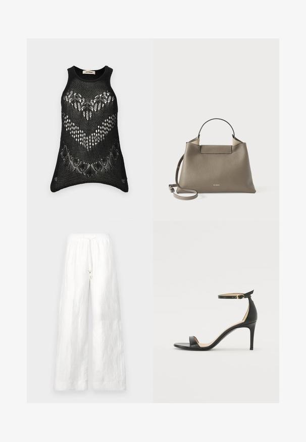 Čierny pletený tielko bez rukávov. Obsahuje otvorený vzor a zvlnený spodný lem. Na štítku je napísané "AERON."; Biele ľanové nohavice s širokými nohavicami, elastickým pásom a šnúrkou. Majú hladkú textúru a voľný strih. Viditeľné žiadne vrecká.; Čierne kožené sandále na vysokom podpätku s popruhom okolo členka. Vlastnosti hladkého povrchu, otvorenej špičky a tenkého podpätku. Detail zlatého spony.; Textúrovaná sivá kožená kabelka s horným držadlom a nastaviteľným ramenným popruhom, s minimalistickým dizajnom a jemným logom embosovaným na prednej strane.