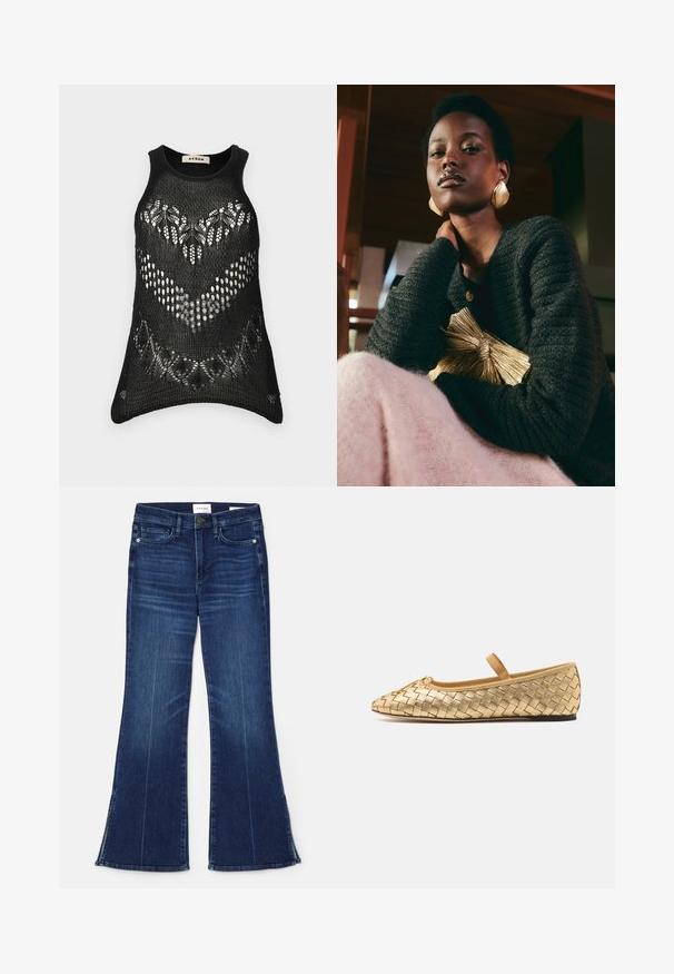 Czarny dzianinowy top na ramiączkach z bezrękawowym fasonem. Posiada otwarty splot i falbaniasty dół. Metka z napisem "AERON."; Ciemnoniebieskie dżinsy z rozszerzanymi nogawkami, wykonane z denimu. Posiadają wysoki stan, przednie kieszenie i rozcięcia na dole nogawek. Klasyczny pięciokieszeniowy fason.; Loeffler Randall LEONIE  złoty; Loeffler Randall PLEATED FRAME WITH BOW - Kopertówka