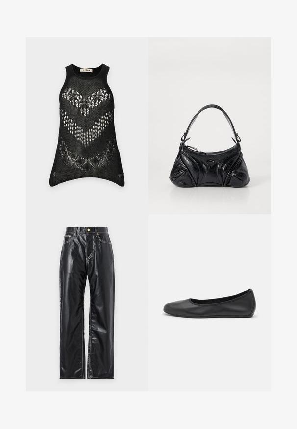 Top cu bretele negre tricotat, cu un design fără mâneci. Prezintă un model cu țesătură deschisă și un tiv ondulat. Eticheta citește "AERON."; Pantaloni negri din piele ecologică cu croială largă, cu cusături albe, buzunare frontale și un nasture aurie la talie.; Balerini din piele neagră, cu vârf rotund, textură netedă, detalii de cusătură minimale și un design al tălpii flexibil.; Geantă de mână neagră din piele texturată, cu o formă rotunjită. Dispune de o curea subțire pentru umăr și modele decorative în relief.