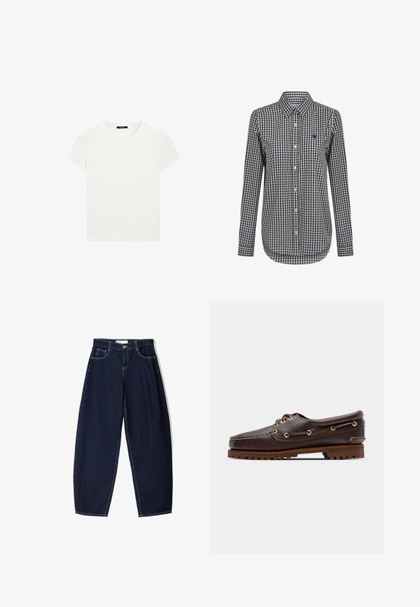 T-shirt bianca a maniche corte e scollo rotondo con vestibilità slim, esposta piatta su uno sfondo bianco.; Camicia a maniche lunghe a scacchi in bianco e nero, con colletto button-down e orlo curvo. Include un piccolo logo sul petto.; Pantaloni in denim blu scuro con vestibilità ampia, dotati di cinque tasche, cuciture a contrasto e chiusura con zip davanti.; Scarpa da barca in pelle marrone con occhielli dorati, lacci tondi e una suola in gomma marrone texturizzata. Presenta dettagli cuciti e un logo in rilievo.