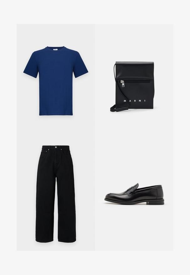 Námořnická modrá tričko s krátkým rukávem vyrobené z bavlny. Má kulatý výstřih a rovný střih, s hladkou texturou a bez viditelných vzorů.; Černé široké kalhoty z bavlny, se zvýšeným pasem, předními kapsami, stříbrným knoflíkem a čistým lemem.; Černé kožené polobotky s hladkou texturou, zaoblenou špičkou a zdobným páskem přes nárt. Nízký stohovaný podpatek, minimalistický design.; Černá kožená kabelka přes rameno s přední zipovou kapsou, embosovaným logem a nastavitelným popruhem. Hladký povrch s pevnou strukturou.