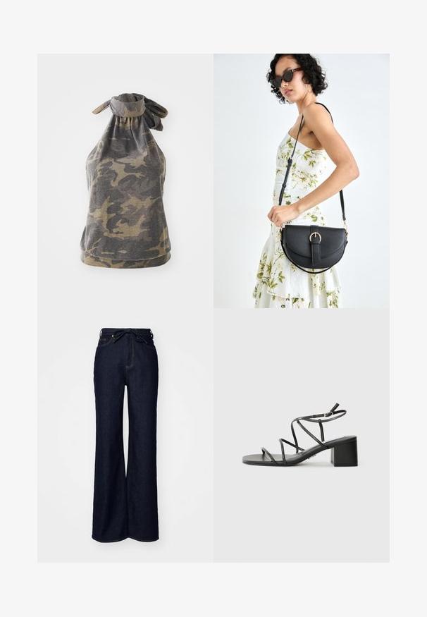 Jaded London DRAPED WITH SCARF DETAIL - Viršus - green; Tamsiai mėlynos plačios kojų džinsai pagaminti iš džinsinio audinio, turintys aukštą liemenį, priekinės kišenes ir užrišamą juosmenį.; Juodos diržinės šlepetės su kvadratine nosimi ir masyviu kulnu, pagamintos iš lygios medžiagos. Yra reguliuojamos kulkšnies juostos ir minimalus aparatūra.; Juodas odinis krepšys su išlenkta forma, nuimamu dirželiu ir auksiniais detalėmis. Krepšys turi kilpą su sagtimi.