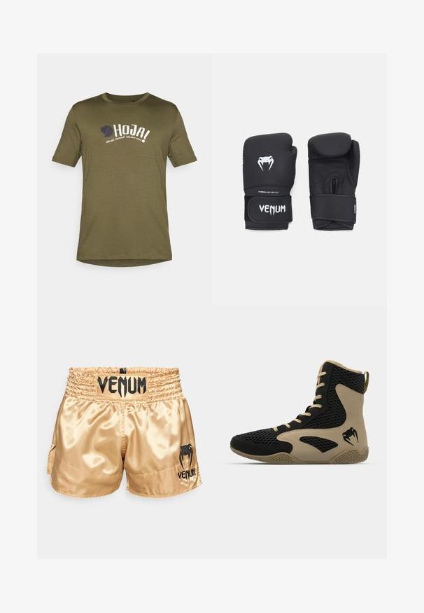 Aliejinės žalios spalvos medvilninis marškinėliai, apvalia iškirpte, trumpomis rankovėmis, į priekį spausdinti balti ir tamsiai mėlyni tekstai bei logotipas. Lengva medžiaga.; Auksiniai satino bokso šortai su juodu "VENUM" logotipu ant juosmens ir šonų, pasižymintys lygiu paviršiumi ir elastingu juosmeniu patogumui.; Aukštesni sportiniai batai, turintys juodą tinklinį paviršių su smėlio spalvos akcentais. Tekstūruota gumos pašiūrė ir logotipo detalė šonėje.; Juodos bokso pirštinės su lygiu paviršiumi, su baltu "Venom" logotipu ir reguliuojamu kabliuko ir kilpelės dirželiu, užtikrinančiu saugų prigludimą.