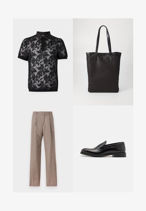 The Kooples PULL - Polo - black; Calças castanhas de cintura alta feitas de tecido texturado. Apresentam pernas largas e duas pregas frontais para estrutura. Acabamento cuidadoso sem hardware visível.; Mocassins de couro preto com uma textura suave, bico arredondado e uma faixa decorativa sobre o peito do pé. Salto baixo e empilhado, design minimalista.; Saco de lona preto com alças de couro pretas. Design simples, corpo espaçoso e textura suave. Sem logótipos ou padrões visíveis.