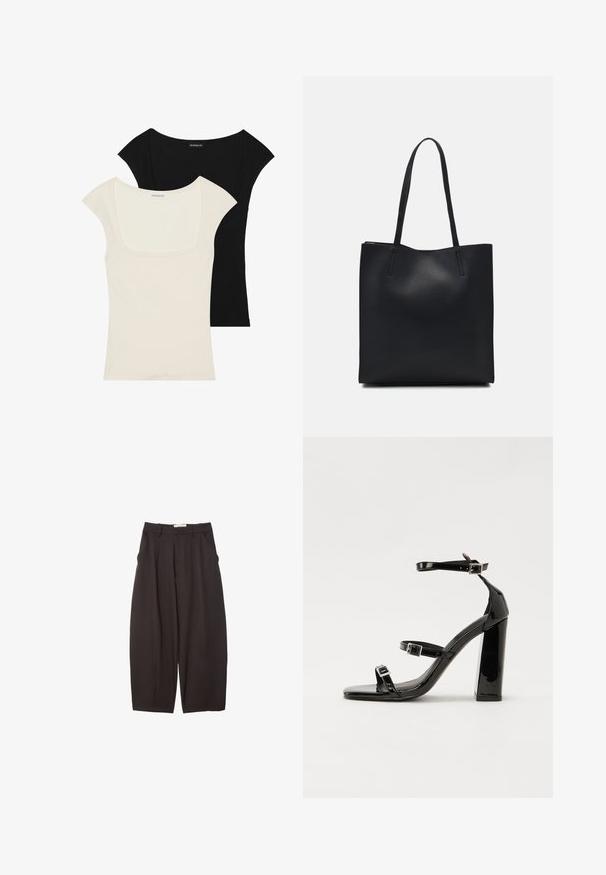 To siddede kortærmede toppe: en sort og en off-white. Begge har en firkantet udskæring og ribbet tekstur, med en glat finish.; Sorte brede bukser lavet af et glat stof, med høj talje, forfaldne folder og sidelommer. Simpelt design uden udsmykninger.; Sorte patenterede hælsandaler med firkantet tå, ankelremme og sølvspænder. Har en chunky blokHæl for stabilitet.; Sort læder tote taske med glat tekstur, rektangulær form og to lange hanke. Ingen synlig hardware eller udsmykninger.