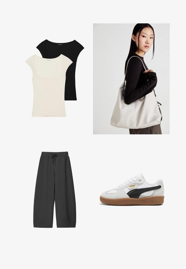 Dwa dopasowane topy z krótkim rękawem: jeden czarny, a drugi w kolorze ecru. Oba mają kwadratowy dekolt oraz prążkowaną strukturę, z gładkim wykończeniem.; Czarne spodnie szerokie wykonane z miękkiego materiału. Posiadają elastyczny pas z troczkiem, boczne kieszenie i czyste szwy.; Białe skórzane sneakersy z czarnym zamszowym paskiem, gumową podeszwą i złotym logotypem na boku. Sznurowany design z okrągłym noskiem.; Beżowa torebka wykonana z miękkiego materiału, charakteryzująca się luźnym fasonem, wyszywanymi detalami i dwoma uchwytami na ramię. Idealna na co dzień.