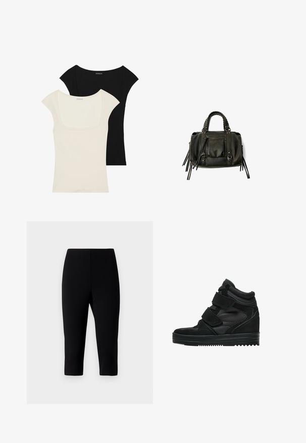 Kaksi mukautettua lyhythihaista paitaa: yksi musta ja yksi off-white. Molemmissa on neliönmuotoinen kaula-aukko ja ribbi pintakuvio, sekä sileä viimeistely.; Mustat capri-housut joustavasta kankaasta, joissa on istuva muotoilu, joka loppuu juuri polven alapuolelle. Kankaalla on sileä pinta eikä näkyviä saumoja.; Mustat korkeat tennarit, jotka on valmistettu mokasta ja verkkokankaasta. Niissä on tarrasiteet, sileä pinta ja teksturoitu kumipohja, joka tarjoaa pitoa.; Musta nahkainen käsilaukku letitetuilla kahvoilla, vetoketjullinen tasku ja roikkuvat tupsut. Muotoiltu pinta metallisten niittien ja varusteiden korostuksilla.