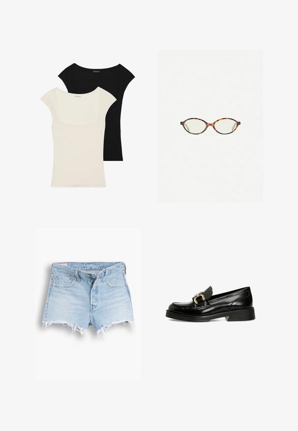 Dvé dobře padnoucí trička s krátkým rukávem: jedno černé a jedno smetanové. Obě mají čtveratý výstřih a žebrovanou strukturu, s hladkým povrchem.; Světle modré džíny šortky s vysokým pasem, roztrhaným lemem, designem se třemi kapsami a kontrastním prošíváním. Dva knoflíky na předním zapínání.; Černé kožené mokasíny se dekorativní zlatou přezkou. Charakterizují je hladký povrch, zaoblená špička a nízký blokový podpatek s texturední podrážkou.; Želvovinové brýle s oválnými čočkami a hladkým, jemným povrchem. Má tenké bočnice s jemným zakřivením v chrámcích. Čiré čočky.; Zign LEATHER - Velká kabelka - light brown