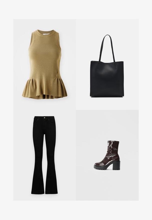 Sukienka bez rękawów w oliwkowozielonym dzianinowym materiale, z prążkowaną strukturą, dopasowanym górnym krojem i rozkloszowanym dołem w stylu peplum.; Czarne, wysokie dżinsy z guzikem i zamkiem błyskawicznym, z przednimi kieszeniami i rozszerzanymi nogawkami, leżące płasko na białym tle.; Błyszczące bordowe botki za kostkę z masywną czarną obcasem, charakteryzujące się gładką teksturą i prostym wzornictwem. Brak widocznych zapięć lub wzorów.; Czarna skórzana torba tote o gładkiej fakturze, prostokątnym kształcie i dwóch długich uchwytach. Brak widocznych elementów metalowych i ozdób.