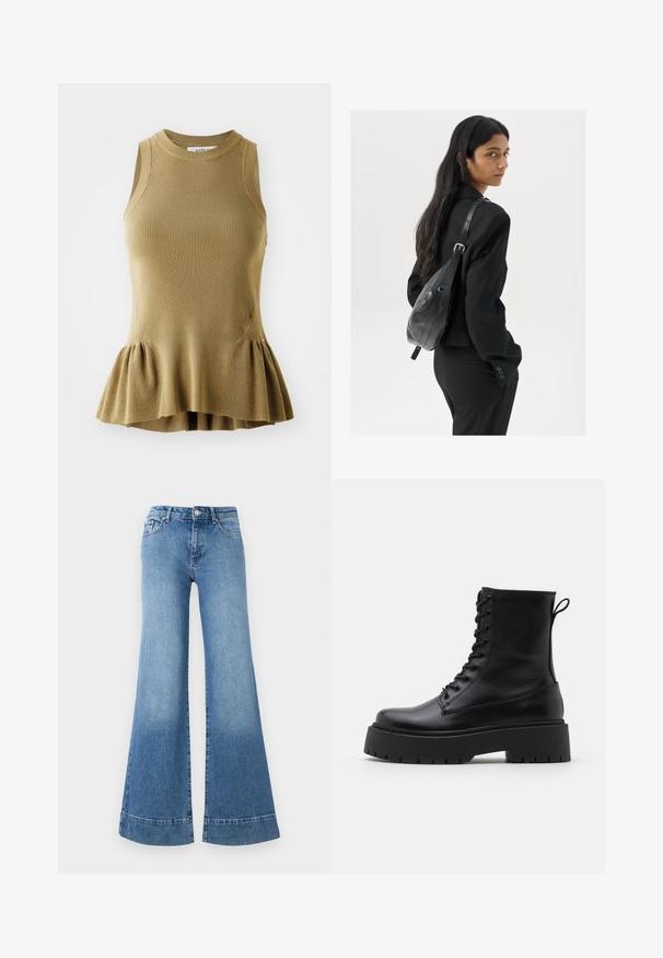 Top fără mâneci dintr-un material tricotat de culoare verde măslin, având o textură canalată, un corp ajustat și o margine flared peplum.; Jeans din denim bleumarin deschis, evazati, cu talie înaltă, picioare late și o ușoară decolorare. Au un design clasic cu cinci buzunare și închidere cu buton metalic.; Botine din piele neagră, până la gleznă, cu vârful rotund, șireturi în față și o talpă groasă din cauciuc cu un model texturat. Fâșie de tragere la spate.; Femeie cu păr lung și închis la culoare, îmbrăcată într-un costum negru, purtând o geantă de umăr din piele neagră, privind peste umăr, pe un fundal alb.