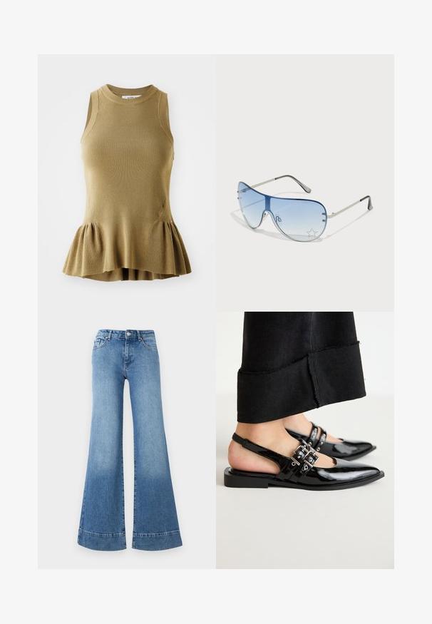 Top senza maniche in tessuto a maglia verde oliva, con una texture a coste, un corpetto aderente e un orlo a peplum svasato.; Jeans a zampa d'elefante in denim azzurro chiaro con vita alta, gambe larghe e una leggera scoloritura. Presentano un classico design a cinque tasche e chiusura con bottone metallico.; RAID DINKY - Ballerine con cinturino - black; Occhiali da sole aviator con lenti blu sfumate, montatura in metallo argentato e decorazioni a forma di stella sulle lenti. Design liscio e sofisticato.