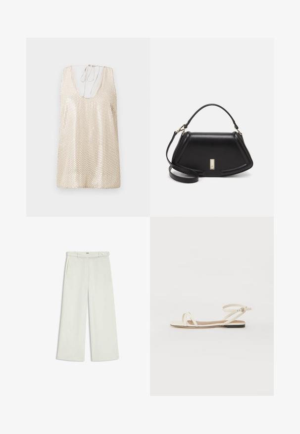 Beige hihaton toppi, jossa on syvä kaula-aukko, koristeena heijastavilla paljeteilla, jotka tuovat tekstuuria ja visuaalista mielenkiintoa, sekä solmittava takaklosuuri.; Housut leveillä lahkeilla vaalean kermaisessa kankaassa, jossa on sivutaskut, litteä etuosa ja yksi nappikiinnitys vyötäröllä. Silkkinen pinta.; Litte sandaalit vaaleasta nahasta ohuiden ristiin menevien hihnojen kanssa, nilkkahihna soljella, minimalistinen muotoilu ja kontrastivärinen musta pohja.; Mustalla nahkalaukulla, jossa on jämäkkä muotoilu, lyhyt malli, yläkahva ja kultaiset yksityiskohdat. Säädettävä olkahihna sisältyy.