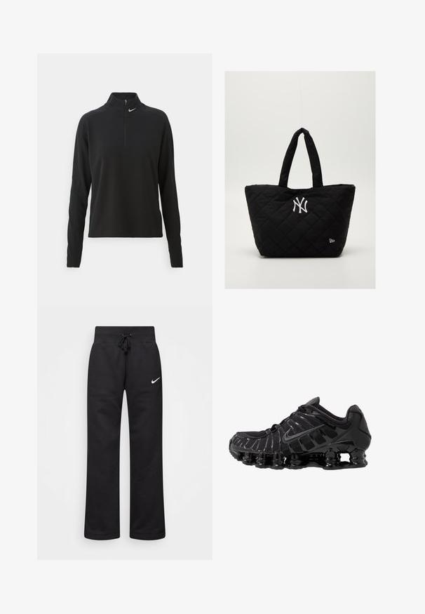 Schwarzer Langarmpullover mit hohem Kragen, verfügt über einen halben Reißverschluss vorne und ein kleines silbernes Logo auf der linken Seite. Weicher, dehnbarer Stoff.; Schwarze Sweatpants aus einem Baumwollmix, mit einem Kordelzugbund, geraden Beinen und einem weißen Nike-Logo auf der linken Seite.; Schwarzer Sportschuh mit Mesh-Obermaterial und glänzenden Überzügen. Verfügt über eine geschwungene Spiraldämpfung und strukturierte Linien an der Seite. Nike-Logo sichtbar.; Gepolsterte schwarze Tragetasche mit doppelten Griffen, mit einem weißen Logo der New York Yankees und einem kleinen Markensymbol an der Seite.