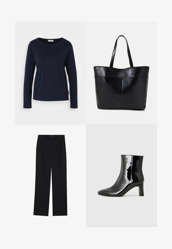 Marineblaues Langarm-T-Shirt aus weicher Baumwolle, mit Rundhalsausschnitt und geradem Saum sowie minimaler Detailgestaltung.; Schwarze Hose mit geradem Bein, ausgestattet mit zwei frontalen Taschen und einem Taillenbund. Hergestellt aus einem glatten, leichten Stoff.; Schwarzer Lackleder-Stiefelette mit spitzer Zehe und einem mittelhohen Blockabsatz. Glatte Textur und minimalistisches Design.; Schwarze Leder-Shopper-Tasche mit zwei langen Griffen, einer glatten Textur und einer strukturierten Form. Verfügt über eine Vordertasche für zusätzlichen Stauraum.; Silberner Doppelring mit einer glatten, polierten Oberfläche. Verfügt über ein fließendes, kurviges Design mit überlappenden Abschnitten für einen modernen Look.