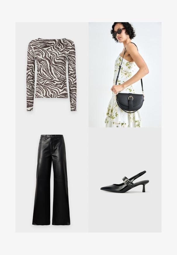 Langermet topp i brunt og off-white med zebra stripe mønster. Glatt tekstur og tettsittende fasong med vid halsutringning.; Sorte høy midje vide ben bukser i imitert skinn med knapp foran, glidelås, beltehemper og sidelommer på hvit bakgrunn.; Svarte patent lær slingback hæler med spiss tå og en liten blokkheel, med en sølvspenne som detalj på stroppen.; Svart lærveske med en buet form, avtagbar stropp og gullbeslag. Vesken har et klaff med spenne-detall.