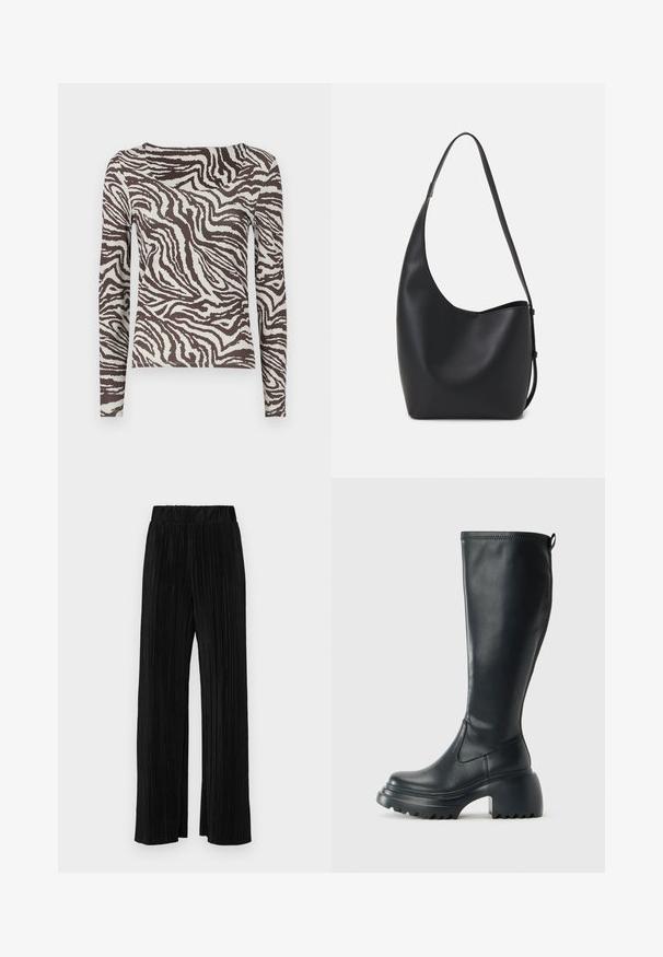 Long-sleeve top in brown and off-white with a zebra stripe pattern. Smooth texture and fitted shape with a wide neckline.; Black pleated trousers with an elastic waistband. Features wide legs and a smooth, textured fabric with vertical stripes.; Tall black leather boot with chunky platform sole and block heel, featuring pull tab and textured tread on outsole.; Black leather hobo bag with a smooth texture, curved shape, and single adjustable strap; features a wide opening at the top.