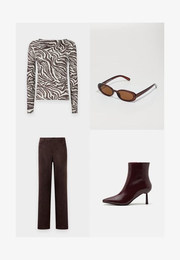 Długo rękawowy top w kolorze brązowym i off-white z wzorem zebry. Gładka tekstura i dopasowany krój z szerokim dekoltem.; Proste nogawki, ciemno-brązowe spodnie z zamszu z zapięciem na guzik i zamek błyskawiczny, szlufkami na pasek oraz kieszeniami bocznymi.; Burgundowe lakierowane botki za kostkę z ostrym noskiem i smukłym obcasem w szpilkę, charakteryzujące się gładką, błyszczącą teksturą i minimalistycznym designem.; Okrągłe, brązowe okulary przeciwsłoneczne z błyszczącą bordową oprawą. Cienkie ramiona z subtelnym detalem marki. Płaski kształt soczewek.; Torebka w kolorze burgundowym, pleciona, o zaokrąglonym kształcie i pojedynczym uchwycie, z teksturowaną powierzchnią oraz elastycznym zaciąganym zapięciem.