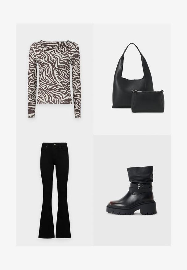 Long-sleeve top in brown and off-white with a zebra stripe pattern. Smooth texture and fitted shape with a wide neckline.; Black high-waist jeans with a button and zip closure, front pockets, and flared legs laid flat on a white background.; Black leather ankle boot with a slouchy upper, buckle detail, and thick, rugged sole. Features a round toe and smooth texture.; Even&Odd Handbag - black