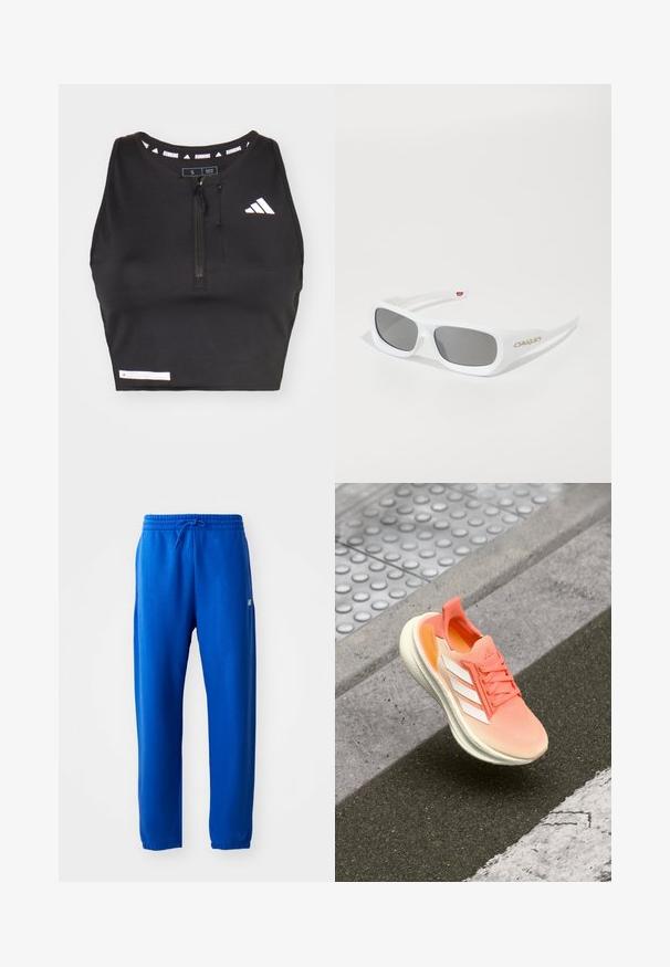 adidas Performance ULTIMATE HEAT.RDY CROP LONG-SLEEVE - Topper - black; Blå joggebukser laget av mykt stoff, med elastisk midjebånd og snøring, smale ben og en liten logo-detalj på siden.; Lettvint atletisk sko i korallfarge og hvitt; har en pustende mesh-overdel, en polstret krage og en teksturert gummisåle.; Hvite rektangulære Oakley-solbriller med mørke linser som hviler på en hvit overflate, logo synlig på siden.