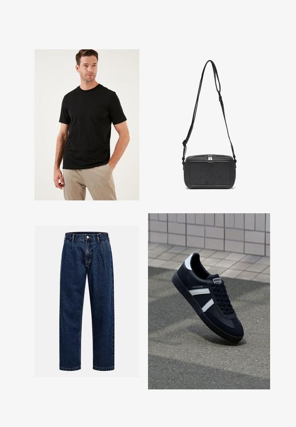 Črna kratkotrajna majica s kratkimi rokavi iz bombažnega materiala s klasičnim okroglim izrezom. Gladka tekstura in prilegajoč dizajn, nosi se z svetlimi hlačami.; Temno modri kavbojki iz denima s pravim krojem. Imajo vidno šivanje, zapenjanje na gumb in sprednje plitke za dodaten detajl.; Črne usnjene superge z belimi črtami, teksturiran gumijast podplat in zavezovanje spredaj. Imajo označeno oznako na ježku.; Črna usnjena torbica čez ramo z zadrgo, embosirano logotipom spredaj in nastavljivim pasom. Gladka površina z pravokotno obliko.
