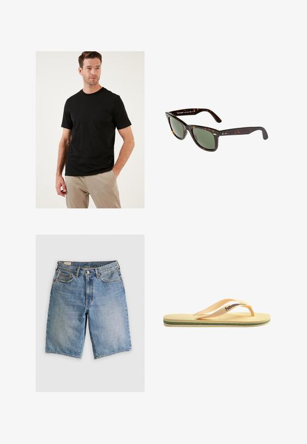 Črna kratkotrajna majica s kratkimi rokavi iz bombažnega materiala s klasičnim okroglim izrezom. Gladka tekstura in prilegajoč dizajn, nosi se z svetlimi hlačami.; Jeans kratke hlače v svetlo modri barvi s klasičnim krojem. Imajo pet žepov, oranžne šive in robove brez obdelave.; Rumene gumijaste japonke z teksturiranim podplatom, tankimi trakovi in večbarvnimi črtami ob podplatu. Logotip blagovne znamke je na traku.; Sončna očala Wayfarer s temno želvejo plastično ogrodje, zelenimi lečami in srebrnim logotipom Ray-Ban na tempeljih.