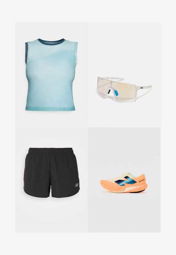 Ujjatlan felső sima, könnyű anyagból, világoskék színátmenettel, sötétkék kerek nyakkivágással és ívelt varrással.; Fekete sport short, rugalmas derékpánttal, könnyű anyagból készült. A jobb alsó sarokban egy kis szürke logó található.; Futócipő könnyű krém színű felsőrésszel, kék márkázással és narancssárga kiemelésekkel a talpon. Hálós textúra a légáteresztőség érdekében.; Fehér keretes napszemüveg nagy, színátmenetes lencsékkel, amelyek rózsaszín és világos narancssárga árnyalatúak. Kék orrdísszel és logóval kiemelve.