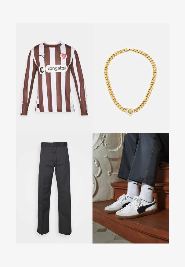 Ruda ir balta dryžuota ilgomis rankovėmis marškinėlių danga, pagaminta iš kvėpuojančios medžiagos, turi apvalų kaklą, Puma logotipą ir rėmėjo logotipą "congstar".; Juodos kelnės, pagamintos iš patvarios medžiagos, su tiesiais kaire, juosmeniu su diržo kilpomis ir siūlėmis, suteikiančiomis tekstūrą.; Puma sportbačiai baltoje ir juodoje zomšo spalvų derinys, su rudu guminio pado apdaila. Derinama su baltais kojiniais, kuriuose pavaizduota juoda logotipas, dėvimi su tamsiomis kelnėmis.; Auksinė grandinė su dideliais susijungusiais žiedais, centruje uždedamas apskritas pakabukas su iškilnia emblema.