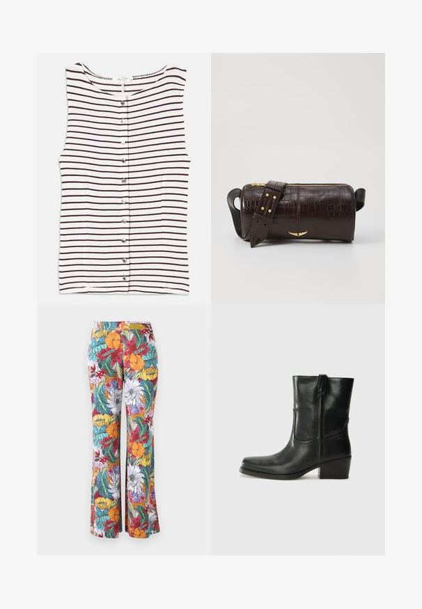 Csíkos ujjatlan felső, amely vízszintes sötétbarna csíkokkal rendelkezik bézs hátterén, gombos elejével és sima, könnyű anyagával.; A színes virágmintás, bővülő nadrág, narancssárga, lila és türkiz virágokkal és zöld levelekkel, fehér háttéren.; Fekete bőr bokacsizma lekerekített orral, blokk sarkúval, oldalsó cipzárral és varrásos díszítéssel az elején. Simább textúra, klasszikus dizájn.; Barna krokodilbőr hatású bőr táska henger alakú, arany tónusú fémveretekkel és lecsatolható, szegecsekkel díszített pánttal.
