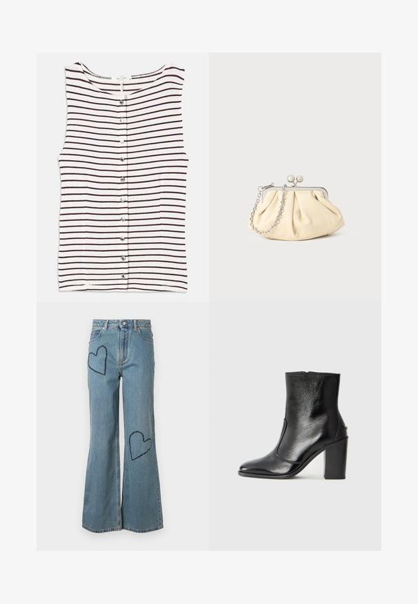 Top sin mangas a rayas que presenta rayas horizontales de color marrón oscuro sobre un fondo beige, con un cierre de botones y tela suave y ligera.; Jeans de mezclilla de color azul claro con campana que presentan dos parches en forma de corazón de color azul oscuro en la parte frontal. Diseño clásico de cinco bolsillos con cierre de botón.; Botín negro de cuero con textura suave, puntera puntiaguda y un tacón alto y robusto. Presenta una apertura lateral y un diseño minimalista.; Clutch de cuero beige plisado con un marco de metal plateado, que cuenta con dos broches decorativos redondos y una correa de cadena plateada.